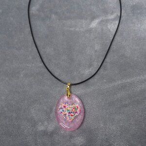 Handmade Pink Resin Pendant Necklace Heart Adjustable Black Cord Gift Valentines